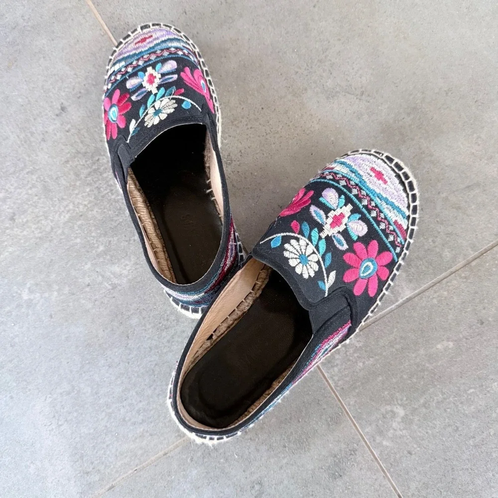 Johnny Was‎ Embroidered Espadrille Slip On Shoes Womens 39 Black Floral